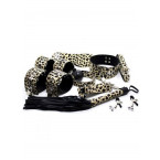 Kit BDSM Leopardato Completo con Frusta Manette Cavigliere Maschera Collare Pinze per Capezzoli e Gagball