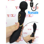 Massaggiatore e vibratore 2 in 1 in silicone nero ricaricabile USB 20 x 3,6 cm.