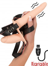 Strap On doppio vibrante per donna in silicone color carne con cintura regolabile 15,7 x 3,8 cm e 8,8 x 3,2 cm.