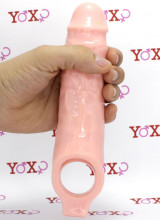 Guaina stimolante allunga pene +2,5 cm. con anello testicoli color carne 16 x 4,7 cm.