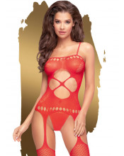 Bodystocking a Trama Zig Zag con Apertura a Quadrifoglio ed Effetto Reggi Calze Rosso - Nightfall