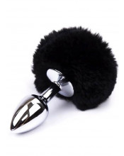 Cuneo Anale in Acciaio con Coda a Pompon Nero 7 x 3 cm. Argento