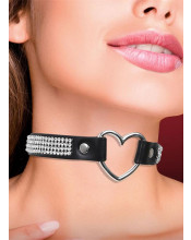 Collare in Ecopelle Nera con Anello a Forma di Cuore e Brillanti